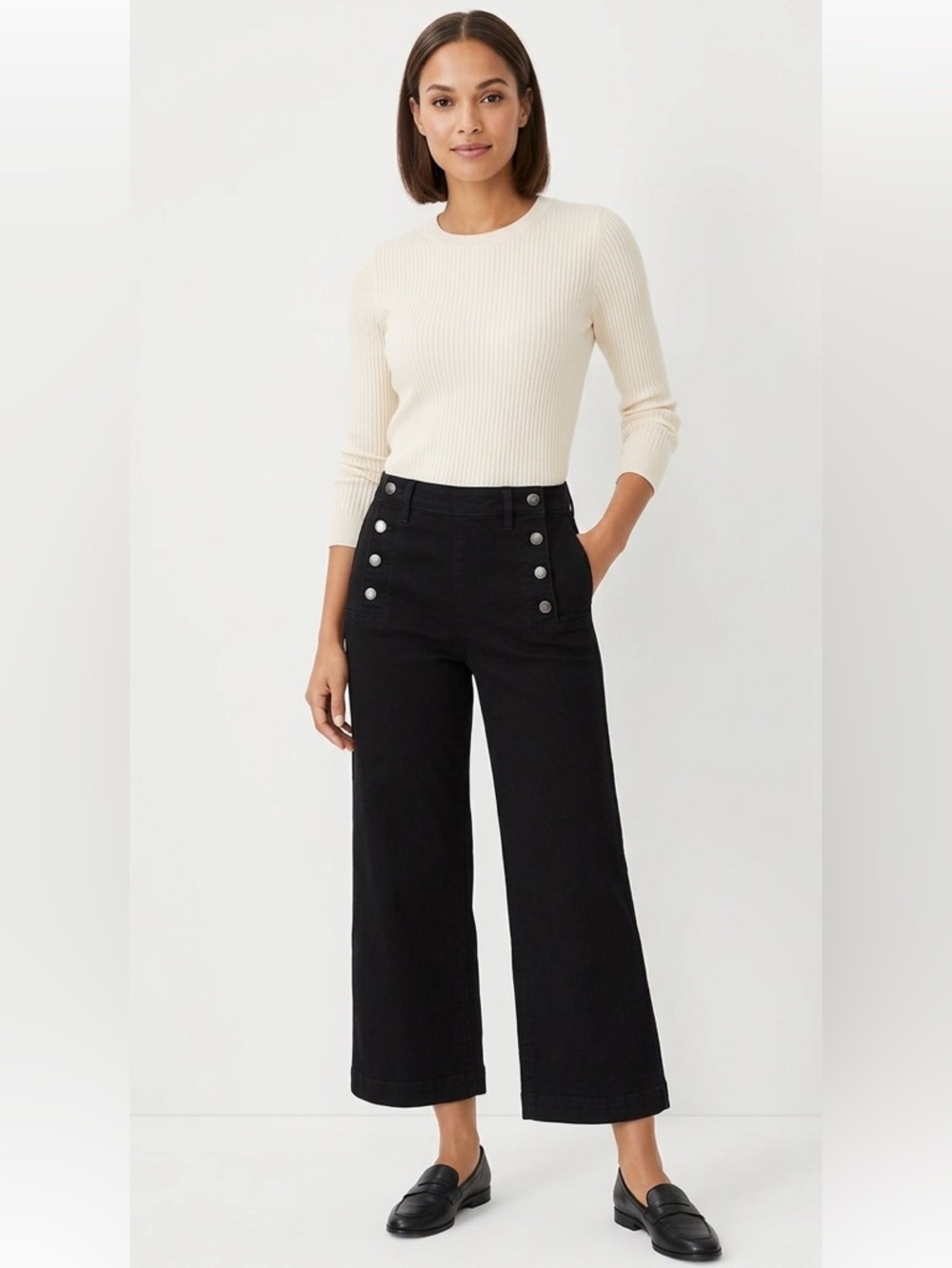Ann Taylor Black Sailor Wide Leg High Rise Ankle Pants Size P8